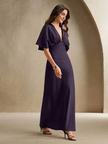 Anewsta 新款法式肩部褶皱V领高腰修身紫色连衣裙，适合婚礼宾客、春季、夏季、优雅场合、情人节、度假、嘉年华等。 - 紫色 - 查看 3