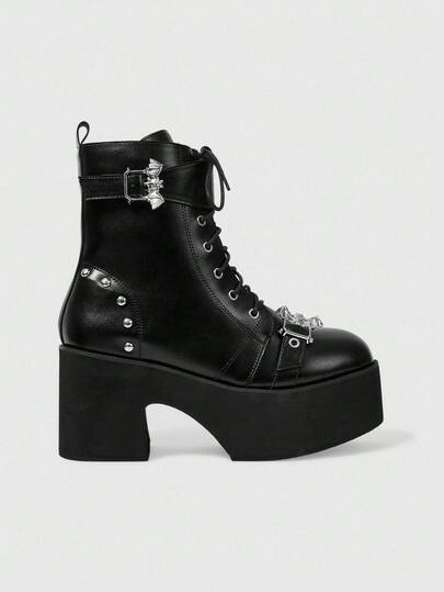 Grunge Punk Women's Gothic Metal Buckle Round Toe Chunky Heel Punk Boots, PU Black High Heel Boots Suitable For Party, Daily Wear, Evening Dress, Height Increasing And Leg Lengthening