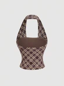 SHEIN MOD 大码女式双面格子短款上衣，百搭复古风格 - 彩色 - 查看 3