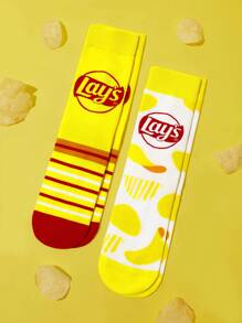 Lay's X SHEIN 2 双柔软透气吸湿排汗休闲女士中筒袜时尚薯片黄色中筒袜加固脚趾和脚跟，经久耐用男女通用四季百搭夏冬 - 彩色 - 查看 3