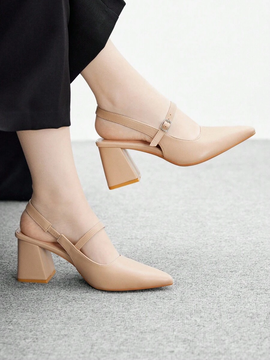 CUCCOO BIZCHIC Giày cao gót mũi nhọn da PU quai hậu màu mơ, thích hợp đi làm, hẹn hò, tiệc tùng, đi nghỉ - Màu be - Xem 1