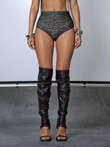 MUSERA High Waist Leopard Mesh Nude Underlay Shaping Shorts Only Holiday Vacation Club Ibiza Festival Rave Occasion Y2K Sexy Going Out, Birthday, Night Out, Lace, , Streetwear, Grunge, Club, Winter - Black - View 2