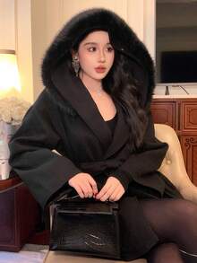 DAZY Women's Elegant Collar Belt Overcoat, Autumn/Winter Jacket - Black - View 8