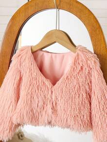 SHEIN Elladie kids 女宝宝简约纯色毛绒短外套，适合秋冬季户外穿着 - 珊瑚粉 - 查看 3