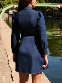 lacRébo Blue Denim Button Front Long Sleeve Mini Dress Going Out Dress Office Outfits Autumn Dress Winter Dress - Dark Wash - View 2
