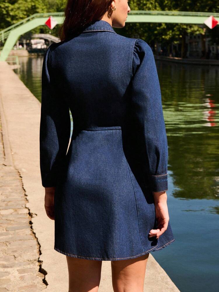 Abito mini in denim blu con bottoni e maniche lunghe, abito da uscire, abito da cerimonia, outfit da insegnante