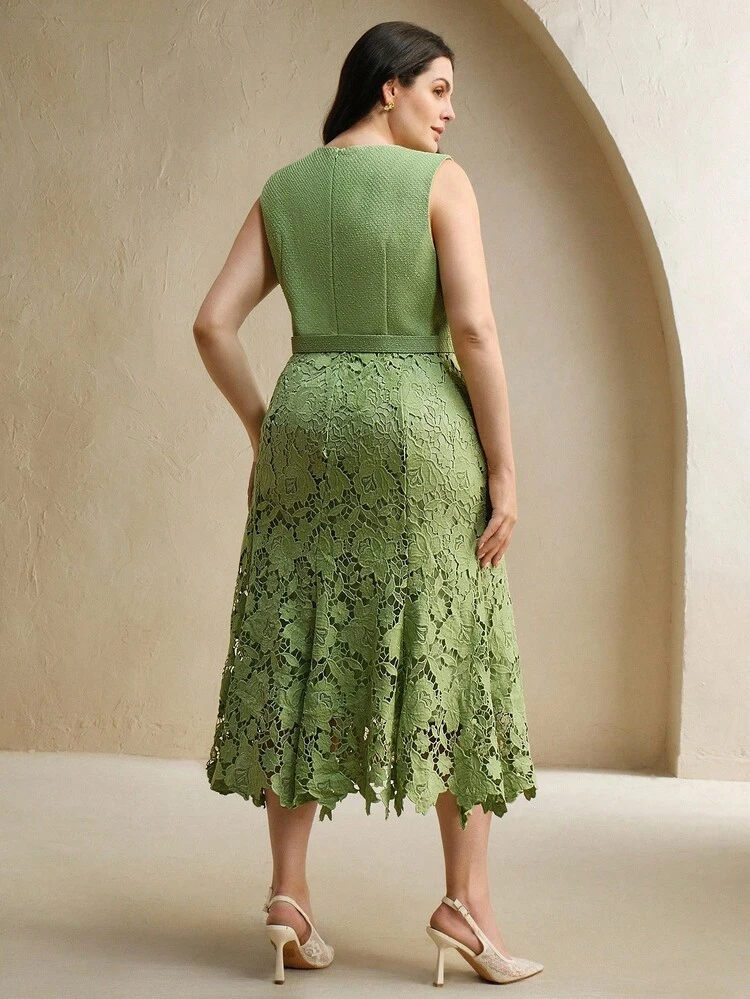 Plus Size Women Elegant Sleeveless High Waist Patchwork Lace Hollow Out Midi Dress, Green