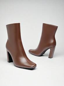 SHUZIA Women's 3.5'' Slanted Block Heel & Sleek Square Toe Pu Brown Ankle Booties–A Chic, Versatile Essential For Day-To-Night Looks With Modern Edge & All-Day Comfort. - Brown - View 4