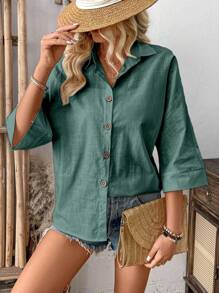 EMERY ROSE 纯色前开襟休闲百搭夏季度假衬衫，春季休闲款 - 墨綠色 - 查看 5