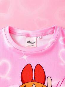 THE POWERPUFF GIRLS X SHEIN Tween Girl Blossom, Bubbles, Buttercup Pattern Pink Cute & Sweet Short Sleeve T-Shirt And Pants Pajama Set - Pink - View 5