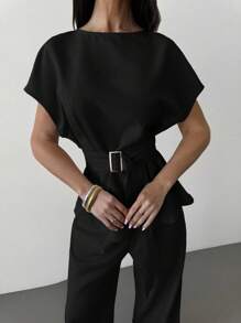 Firerie 春夏新款优雅杏色亚麻竹节领收腰纽扣衬衫和高腰直筒阔腿裤通勤套装、亚麻休闲套装、度假套装