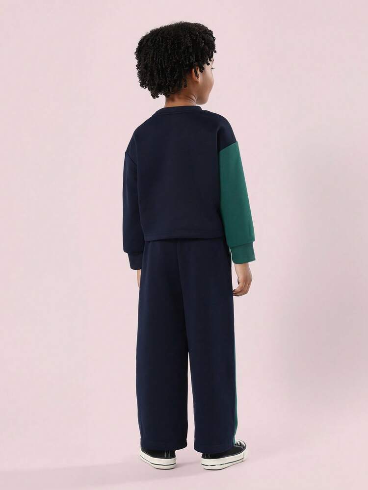 Color Block Sweatshirt With Wide Leg Pants Set