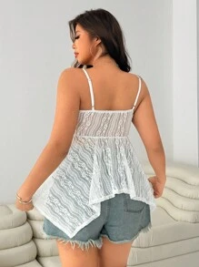 SHEIN EZwear 大码夏季休闲外出度假约会蕾丝不对称下摆扭纹吊带背心 - 杏色 - 查看 2