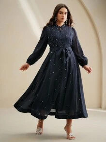 Anewsta Plus Size Women Long Dress With Rhinestone Decor, Elegant And Versatile Formal Dress