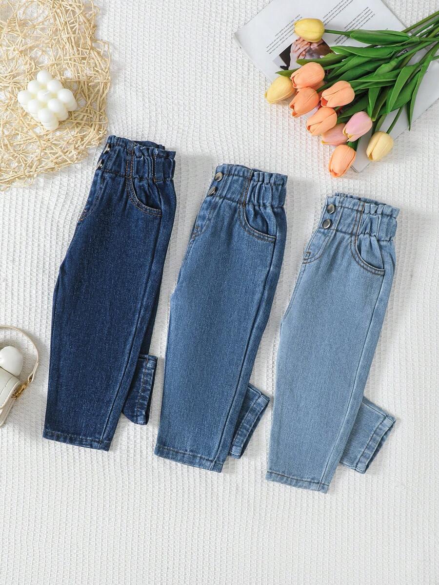 SHEIN Vintaside Kids 女婴深蓝、中蓝、浅蓝牛仔弹力紧身裤三件套，春夏休闲度假乡村波西米亚风三件套，女婴休闲可爱水洗蓝色直筒牛仔裤，纯色牛仔裤，柔软弹力贴合，休闲风格，三种水洗颜色可选，长款牛仔裤，多色可选，舒适时尚，适合日常秋冬穿着。