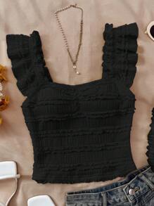 SHEIN 少女夏季黑色蕾丝衬衫，荷叶袖，修身质感度假蕾丝上衣，适合下午茶、海滩度假等场合。黑色荷叶边上衣，黑色上衣，少女可爱黑色上衣，黑色女童上衣