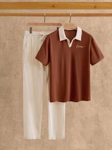 HIMLAND 2pcs Men's Casual Knit Fitted Polo Shirt & Drawstring Waist Linen Long Pants Set, Summer Outfit, Old Money, Cozy Outfits - Multicolor - View 4