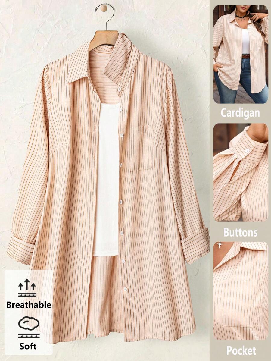 EMERY ROSE 大码休闲通勤条纹长袖衬衫，女士夏季，女士假期，波西米亚风假日，秋季，秋季女装，秋装，乡村音乐会，老钱风格女装，乡村女装 - 淺藍色 - 查看 1