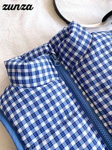 女童背心，休闲可爱百搭，蓝色格子绗缝背心，秋冬女童蓝色背心，蓝色格子背心，儿童蓝色背心 - 藍白色 - 查看 3