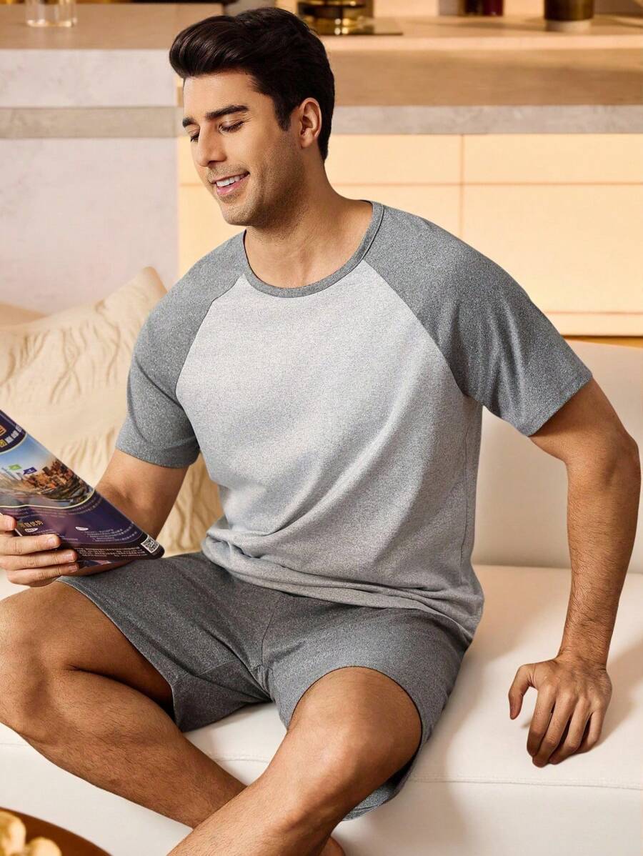 2pcs/Set Men Contrast Color Raglan Sleeve Top And Shorts Loungewear Set - Grey - View 1