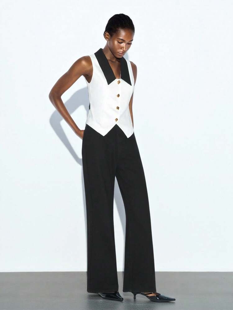 SHEIN Maija Women's Monochrome Black & White Splice Design Metal Button Decor Casual Jacket, Versatile Classic Metropolitan Fashion, Comfortable Loose Fit V-Neck Sleeveless Front Metal Button Blazer Black And White For Women Sleeveless Modern Urban Casual Fashion Business Casual Women's Office Wear Low-Key Old Money Style Effortless High-End Urban Commuting High-Quality Airport Women's Wear High-End Material High-End, Elegant, Old-Fashioned Cruise Attire For Wedding Guests Black And White Back-To-School Wom