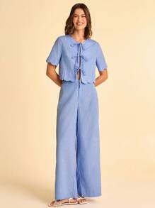 CAJUNI Women's Boho Vacation Casual Beach Hawaiian Cropped Straight Wavy Hem And Cuff Blouse