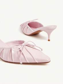 CUCCOO CHICEST 女士尖头一脚蹬高跟鞋，蝴蝶结褶皱设计，优雅细高跟，仿皮，适合通勤、约会、工作，百搭浅粉色穆勒鞋