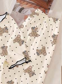 Sparklyn 2pcs Tween Girls Pajama Set, Apricot Background Bear All-Over Print Casual Round Neck Ruffle Hem Short Sleeve Top And Pants, Summer, Back To School Fashion - Apricot - View 4