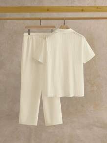 HIMLAND 2件套男士休闲修身镂空面料短袖衬衫和裤子套装