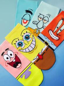SpongeBob SquarePants | SHEIN 5 双柔软透气吸湿排汗休闲女士踝袜，带有 & & Squidward & Krusty Krab 时尚可爱的彩色短袜，加固脚趾和脚跟，经久耐用，男女通用，四季百搭，夏季冬季 - 彩色 - 查看 3