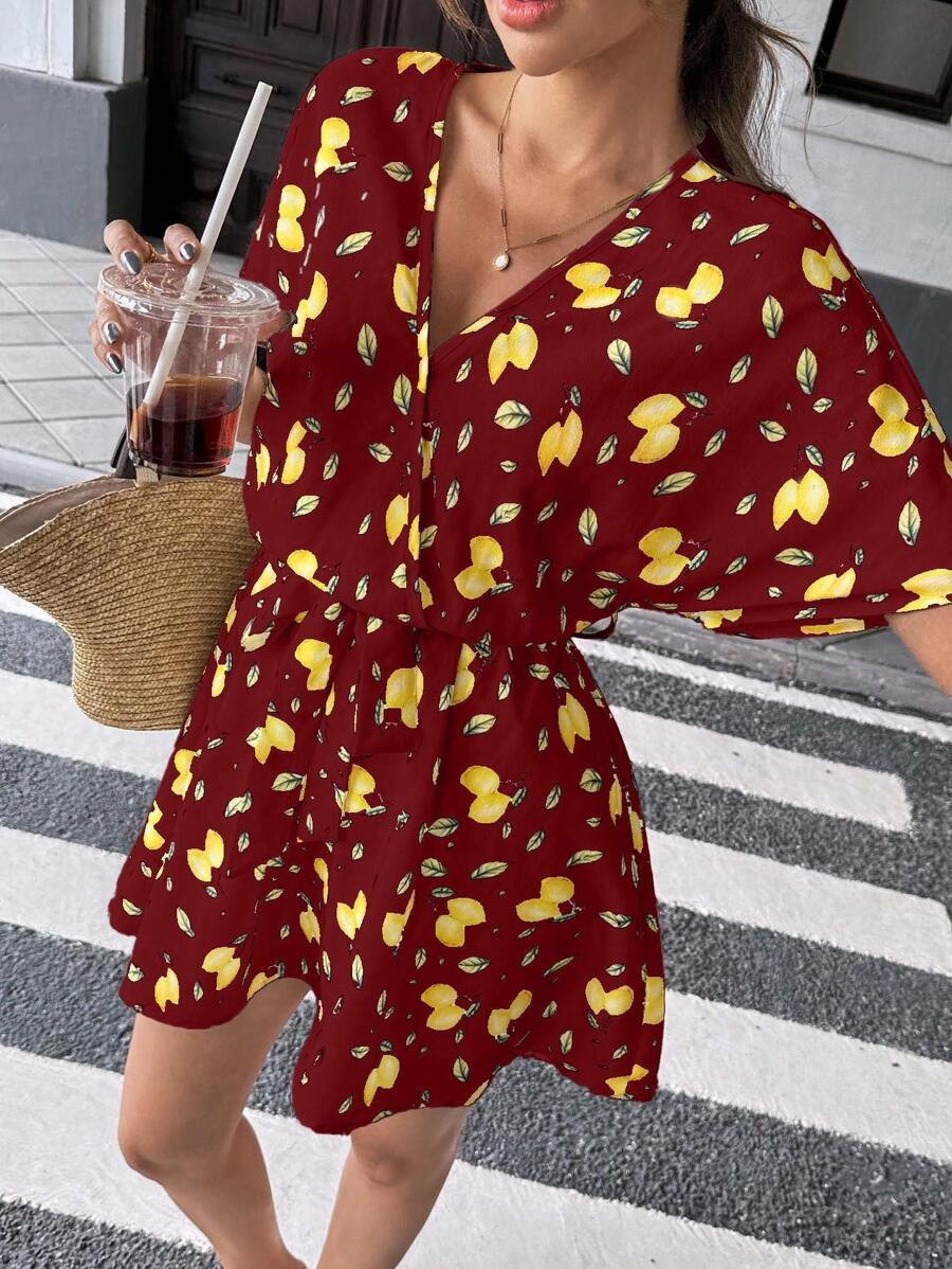 SHEIN Unity Beach Vacation Style Lemon Print Cinched Waist Versatile Dress Summer Dress Clothes For University - Burgundy - View 1