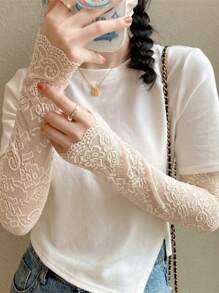 女士优雅蕾丝袖套 - 花卉刺绣防紫外线太阳袖，透气弹性露指手套，夏季时尚配饰，轻质针织袖套，适合户外、婚礼、派对、办公室、休闲穿着，仅可手洗