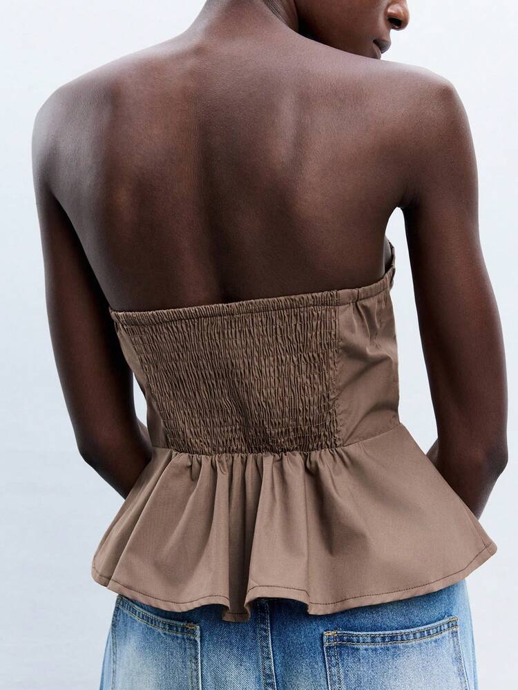 SHEIN Maija Women's Ruched Floral Embroidered Hem Bustier Top, Elegant For Urban Commute, Business, Casual, Christmas, New Year Party, Holiday, Beach, Music Festival