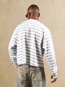 SUMWON 落肩条纹艺术家长袖 T 恤超大版型休闲街头服饰都市家居服时尚秋冬春 - 淺灰色 - 查看 2