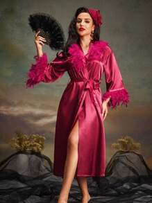 Women's Fuzzy Patchwork Long Sleeve Tie-Waist Nightgown RetroStyles DarkRomance