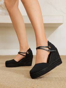 Styleloop Women's Bohemian Style Adjustable Buckle Design Casual Wedge Sandals - Black - View 2