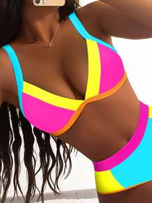 Slaydiva Women's Colorblock Sexy Bikini Swimsuit Set, Summer Beach