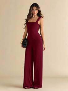 SHEIN BAE Women's Elegant Sexy Solid Black Spaghetti Strap Wide Leg Jumpsuit With Backless Bowknot Design, Suitable For Daily Wear, Dating, Outings, Parties, Gatherings, Elegant Women's Layering, Going Out Outfits, Valentine's Day, Casual, Elegant, Vacation - Burgundy - View 4