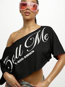 SUMWON WOMEN Áo thun hở vai bất đối xứng họa tiết chữ nghiêng thiết kế lễ hội hòa nhạc thường ngày mùa hè mùa xuân thời trang - màu đen - Xem 6
