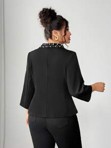 SHEIN Elenzya Veste élégante et sophistiquée de haute qualité avec col perlé, convenant aux femmes de grande taille pour les déplacements quotidiens et les occasions formelles, idéale pour le printemps et l'automne - Noir - Voir 2