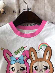 SHEIN Happikins 2件套女童休闲可爱卡通图案短袖T恤短裤套装，粉色，返校季，适合夏季女童短裤套装，女童服装套装，短袖两件套，女童夏季服装，女童服装 - 彩色 - 查看 4