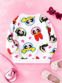 THE POWERPUFF GIRLS X SHEIN Young Girl White Cute Cartoon Blossom, Bubbles, Buttercup And Heart Print Long Sleeve Crew Neck Sweatshirt Fall Winter - White - View 2