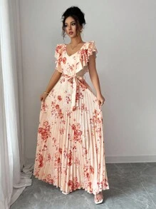 Elenzga Đầm nữ dáng chữ A in họa tiết kỹ thuật số phong cách nghỉ dưỡng nhún bèo eo thanh lịch lãng mạn - Nhiều màu - Xem 6