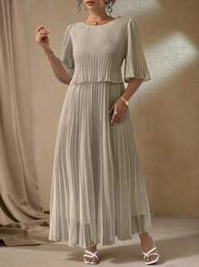 Roveilla Plus Size Elegant Ladies Solid Color Chiffon Pleated Dress, Suitable For Spring & Summer - Khaki - View 3