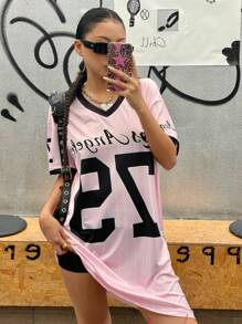 SHEIN Explorewe Streecool KIDS Frühling/Sommer rosa gestreiftes lässiges Mode bequemes süßes lebendiges College-Stil gestreiftes Nummer-Muster Farbblock T-Shirt Kleid, sportlich energiegeladenes Cheerleader Kleid - Pink - Übersicht 6