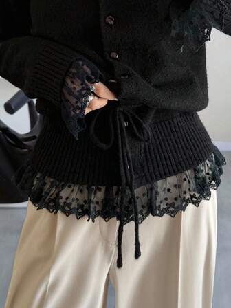 FRIFUL Women's Casual Lace Patchwork Drawstring Crew Neck Loose Hem Cardigan Black Lace Cardigan Lace Sleeve Cardigan Black Cardigan With Lace Black Lace Top Lace Trim Cardigan