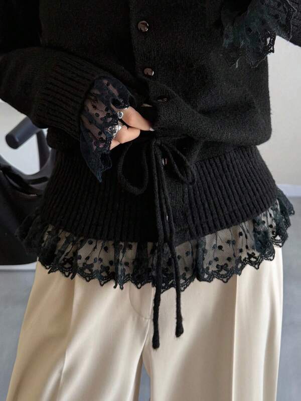 FRIFUL Women's Casual Lace Patchwork Drawstring Crew Neck Loose Hem Cardigan Black Lace Cardigan Lace Sleeve Cardigan Black Cardigan With Lace Black Lace Top Lace Trim Cardigan