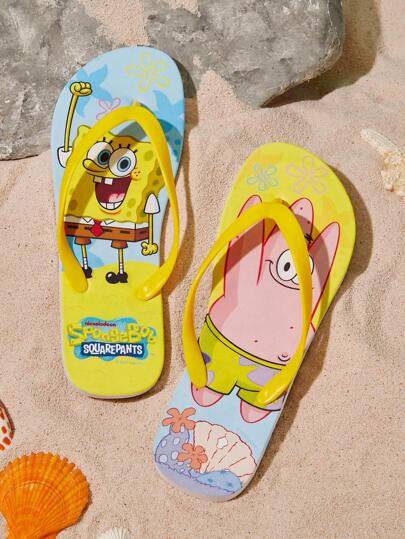 SpongeBob SquarePants | SHEIN Chanclas de mujer con estampado de dibujos animados de moda y lindas, hechas de PVC, aptas para uso al aire libre, diario, playa y vacaciones