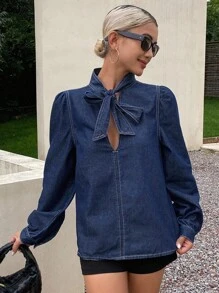 Livesso 女士V领系带泡泡袖牛仔衬衫，秋季女装长袖 - 藍色 - 查看 6