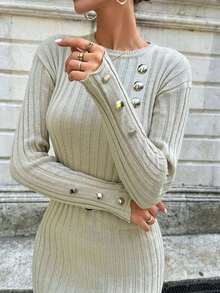 RueChic Button Detail Ribbed Knit Sweater Dress Without Belt - Beige - View 3